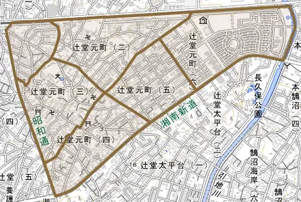 辻堂元町とその周辺の地図。町の範囲を重ねている