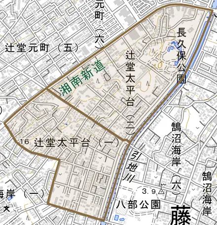 辻堂太平台とその周辺の地図。町の範囲を重ねている