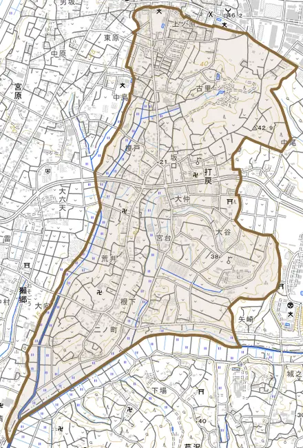 打戻とその周辺の地図。町の範囲を重ねている