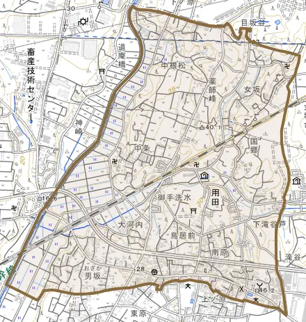 用田とその周辺の地図。町の範囲を重ねている