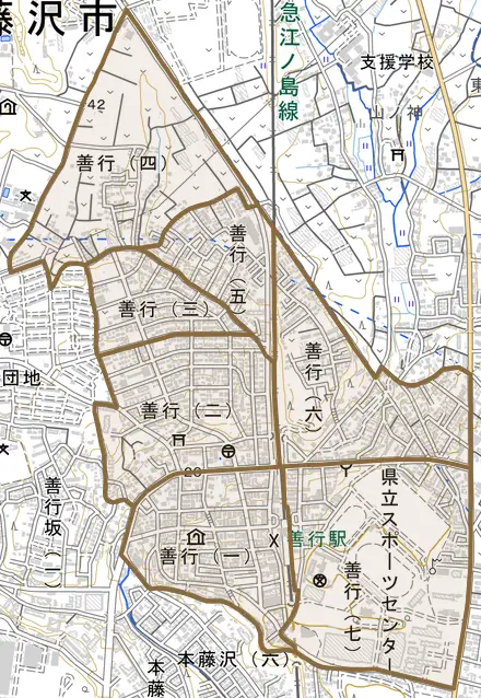 善行とその周辺の地図。町の範囲を重ねている
