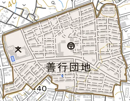 善行団地とその周辺の地図。町の範囲を重ねている