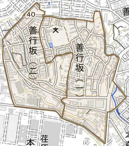 善行坂とその周辺の地図。町の範囲を重ねている