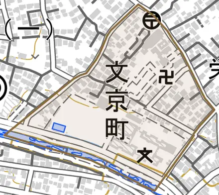 文京町とその周辺の地図。町の範囲を重ねている