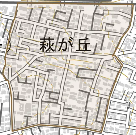 萩が丘とその周辺の地図。町の範囲を重ねている