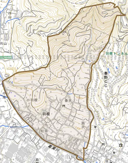 羽根とその周辺の地図。町の範囲を重ねている
