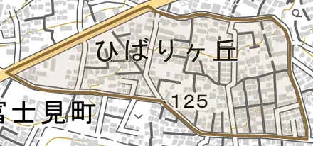 ひばりケ丘とその周辺の地図。町の範囲を重ねている