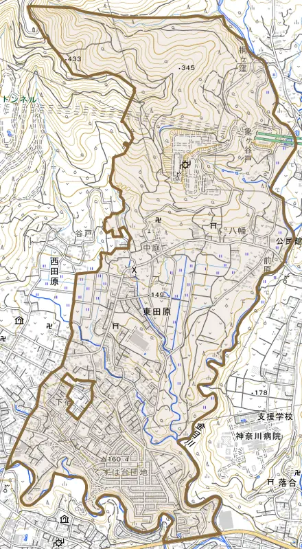東田原とその周辺の地図。町の範囲を重ねている