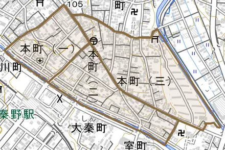 本町とその周辺の地図。町の範囲を重ねている