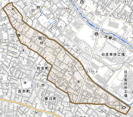 堀川とその周辺の地図。町の範囲を重ねている