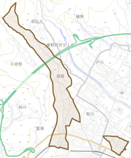 堀西とその周辺の地図。町の範囲を重ねている