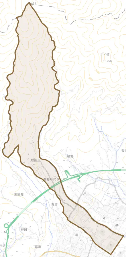 堀山下とその周辺の地図。町の範囲を重ねている
