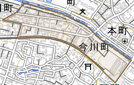 今川町とその周辺の地図。町の範囲を重ねている