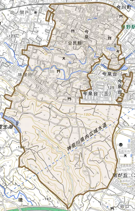 今泉とその周辺の地図。町の範囲を重ねている