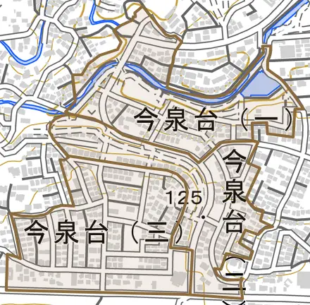今泉台とその周辺の地図。町の範囲を重ねている