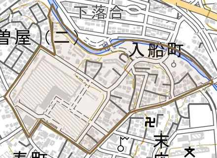 入船町とその周辺の地図。町の範囲を重ねている