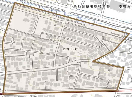 上今川町とその周辺の地図。町の範囲を重ねている