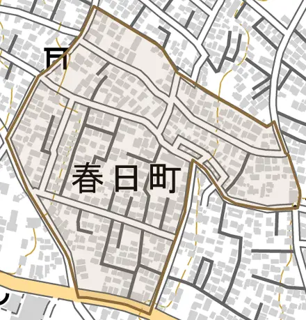 春日町とその周辺の地図。町の範囲を重ねている