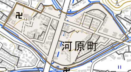 河原町とその周辺の地図。町の範囲を重ねている