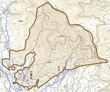 小蓑毛とその周辺の地図。町の範囲を重ねている