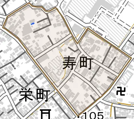 寿町とその周辺の地図。町の範囲を重ねている