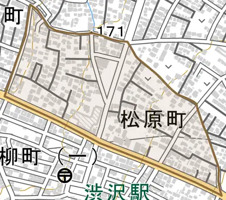 松原町とその周辺の地図。町の範囲を重ねている