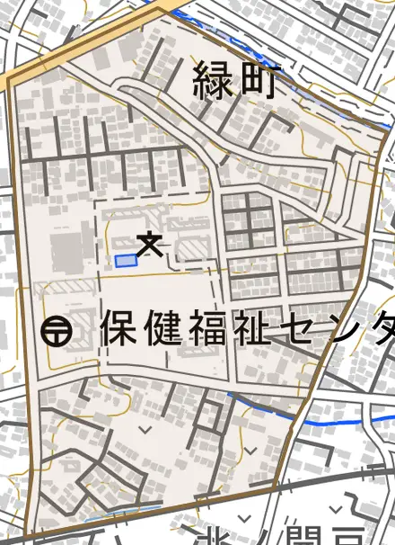 緑町とその周辺の地図。町の範囲を重ねている