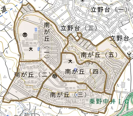 南が丘とその周辺の地図。町の範囲を重ねている