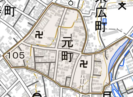 元町とその周辺の地図。町の範囲を重ねている