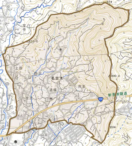 名古木とその周辺の地図。町の範囲を重ねている