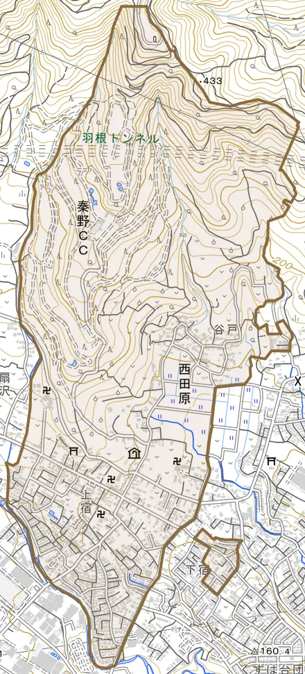 西田原とその周辺の地図。町の範囲を重ねている