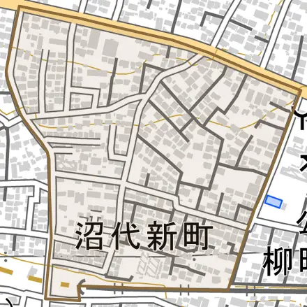 沼代新町とその周辺の地図。町の範囲を重ねている