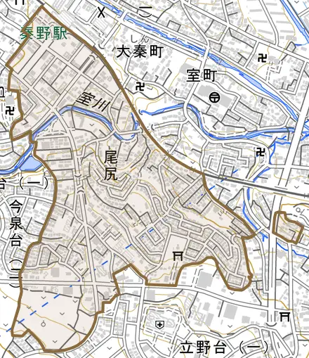 尾尻とその周辺の地図。町の範囲を重ねている