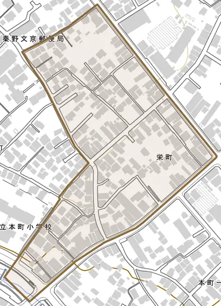 栄町とその周辺の地図。町の範囲を重ねている