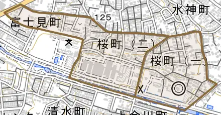 桜町とその周辺の地図。町の範囲を重ねている