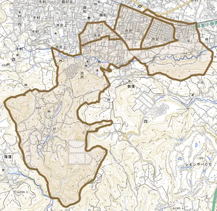 渋沢とその周辺の地図。町の範囲を重ねている