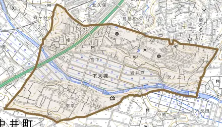 下大槻とその周辺の地図。町の範囲を重ねている