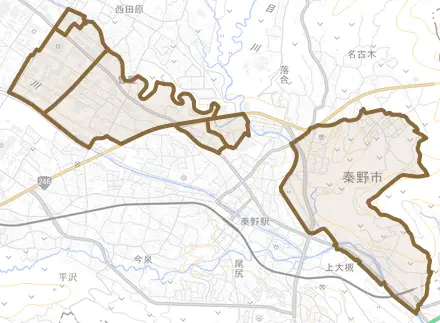 曽屋とその周辺の地図。町の範囲を重ねている
