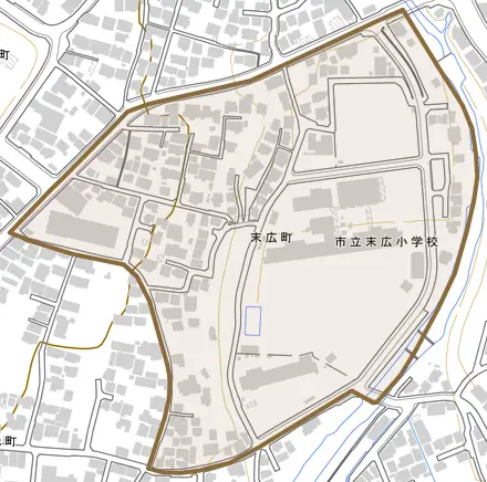 末広町とその周辺の地図。町の範囲を重ねている