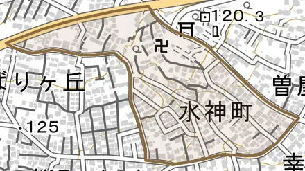 水神町とその周辺の地図。町の範囲を重ねている