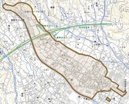戸川とその周辺の地図。町の範囲を重ねている