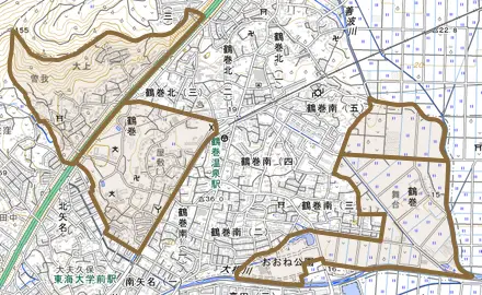 鶴巻とその周辺の地図。町の範囲を重ねている