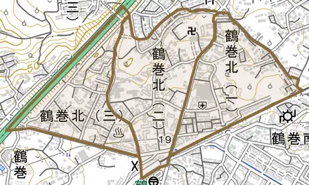 鶴巻北とその周辺の地図。町の範囲を重ねている