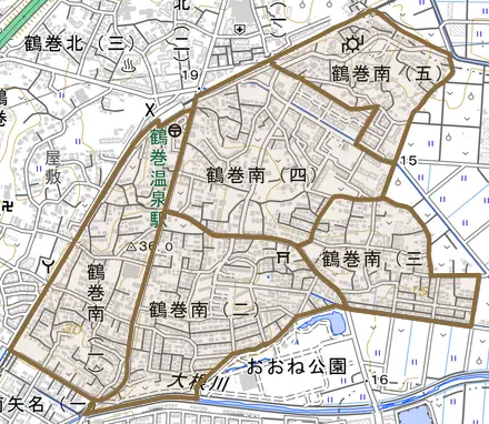 鶴巻南とその周辺の地図。町の範囲を重ねている