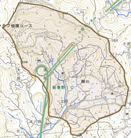 柳川とその周辺の地図。町の範囲を重ねている