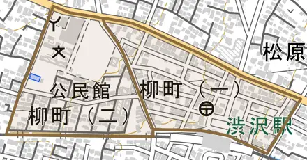 柳町とその周辺の地図。町の範囲を重ねている