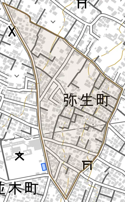 弥生町とその周辺の地図。町の範囲を重ねている