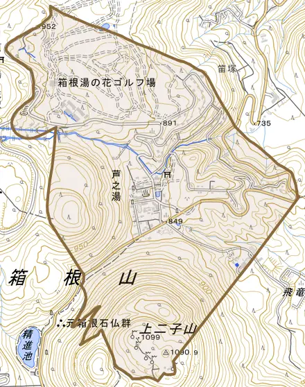 芦之湯とその周辺の地図。町の範囲を重ねている