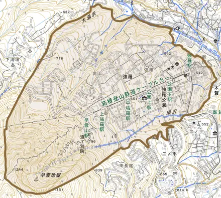 強羅とその周辺の地図。町の範囲を重ねている