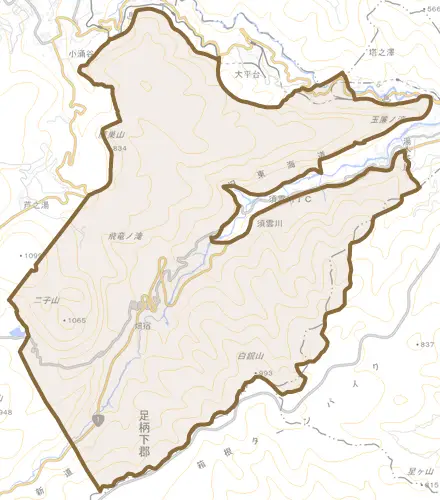 畑宿とその周辺の地図。町の範囲を重ねている